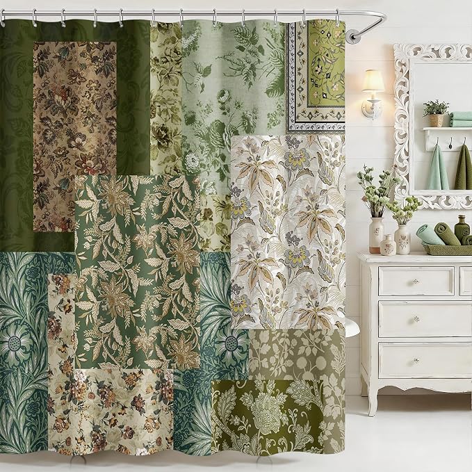 Mocsicka Vintage Boho Shower Curtain Green Retro Floral Shower Curtain for Boho Floral Bathroom Decor Waterproof Fabric Mid-Century Farmhouse Flowers Patchwork Bath Curtain, 72 X 72 Inch