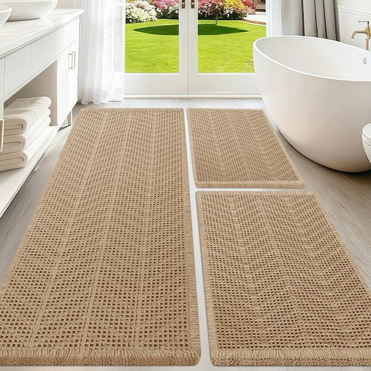Upgraded Waffle Bath Mat Set 3 Piece Beige-Herringbone, Super Absorbent Non-Slip Quick Dry Bathroom Rugs with Tassels, Machine Washable Ultra Soft Boho Bath Rugs, Toilet Mats Boho Farmhouse Decor