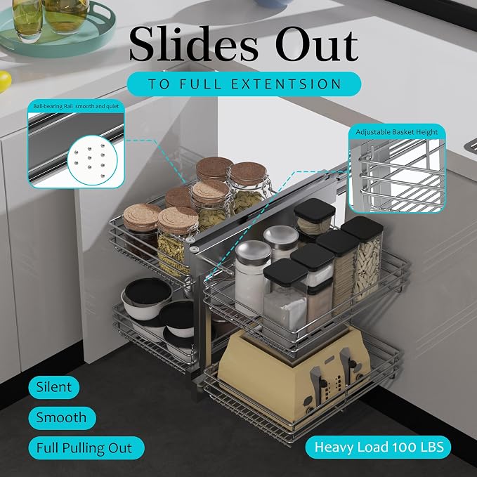 Blind Corner Cabinet Pull Out 2 Tier, Left & Right Blind Corner Cabinet Organizer for 18" W, Cabinet Pull Out 4 Shelves, Chrome, Slide Out Drawers for Kitchen or Bathroom Cabinets