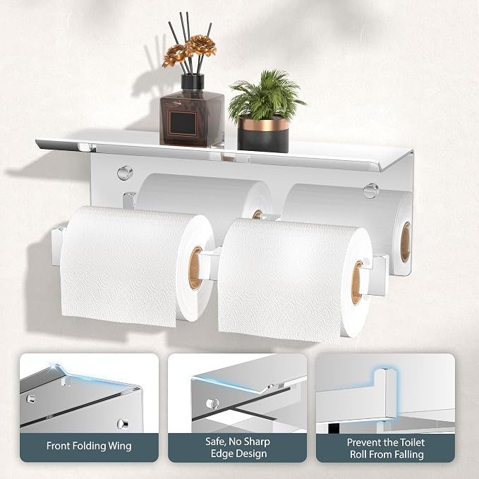 FORIOUS Toilet Paper Holder with Shelf, Commercial Toilet Paper Dispenser | Chrome | SUS304 Stainless Steel Wall Mount Double Bathroom Tissue Roll Holder for Hotel, Apartments, etc