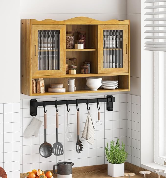 KEIKI 35.4" L Wall Mounted Kitchen Sideboard Cabinet with 2 Sliding Glass Door, 3 Layers Shelves, Retro Storage Buffet Medicine Cabinet for Bathroom, Dining Rooms, Entryway, Solid Wood, Natural