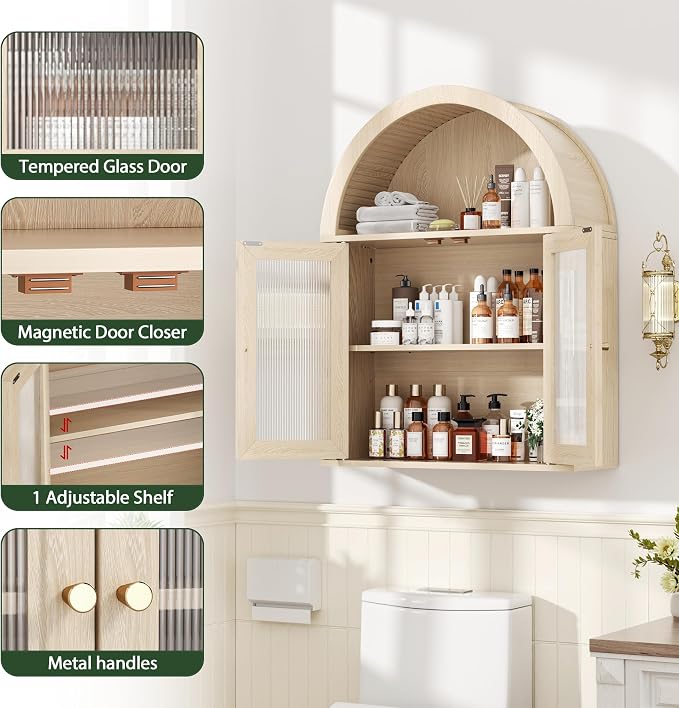 Medicine Cabinet with Arched Top, Bathroom Wall Cabinet Over Toilet with Wave Pattern Tempered Glass Doors and Removable Shelf, Arch Hanging Cabinets for Kitchen, Living Room, Laundry Room, Oak