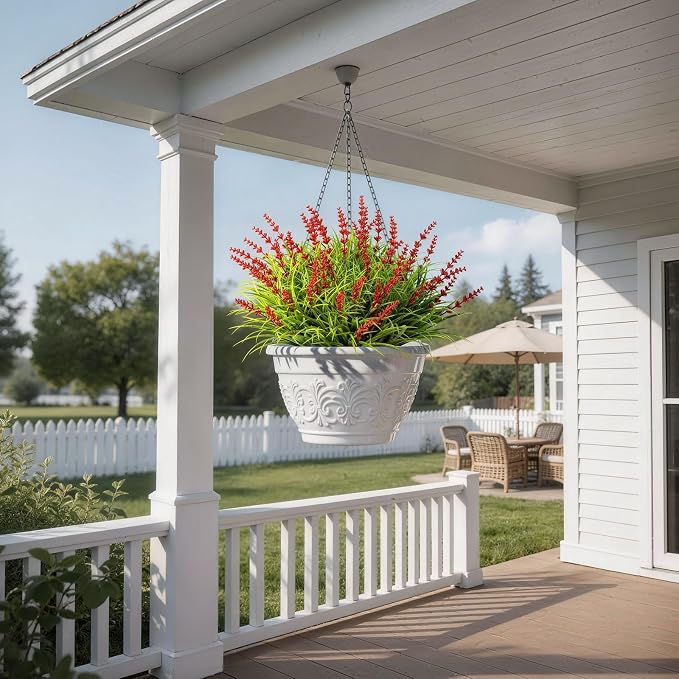 Gipsot 15 Bundles Artificial Faux Plants Flowers UV Resistant No-Fade, Adjustable Height Fake Greenery Indoor & Outdoor Decor for Window Garden Porch Patio Pathway Hanging Planter Front Yard, Red