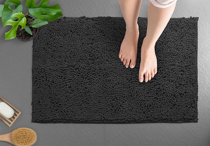 LuxUrux Bath Mat, Extra-Soft Plush Non-Slip Bathroom Rug, Luxury Chenille Microfiber Material, Super Absorbent Shaggy Bath Rug. Machine Wash & Dry (17 x 24 inches, Black)