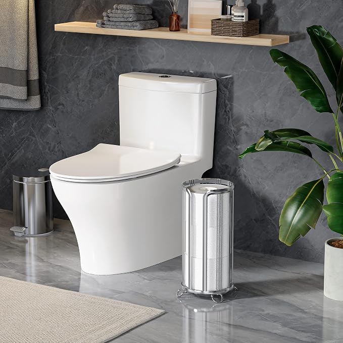 Epicano Toilet Paper Holder Stand Frees Standing,Silver | Minimalist Design, Raised Feet,Rustproof,Fit 3 Mega Rolls,No Drilling No Assemble,Space-saving Renter Friendly