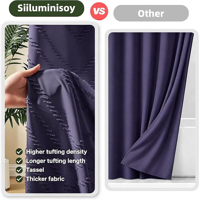 Siiluminisoy Extra Long Boho Shower Curtain, Woven Fabric 84 in Dark Purple, 72 x 84, Tufted Chevron Striped Modern Chic Textured Minimalist Bathroom Shower Curtain