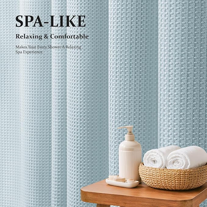 Extra Long Waffle Shower Curtain 256 GSM Fabric 72"x84" Fog Blue | 84 Inch Long, Thick Polyester Cloth, Weighted Hem, Water Repellent, Washable, Tall Hotel Bathroom Shower Curtain Set 12 Hooks