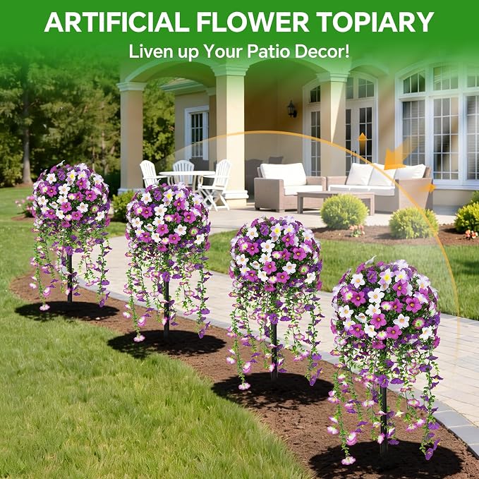 Artificial Morning Glory Topiary Trees, Purple, Set of 2 | Fake Shrubs Bushes, Ground Spike Included, UV Resistant, Indoor Outdoor Use
