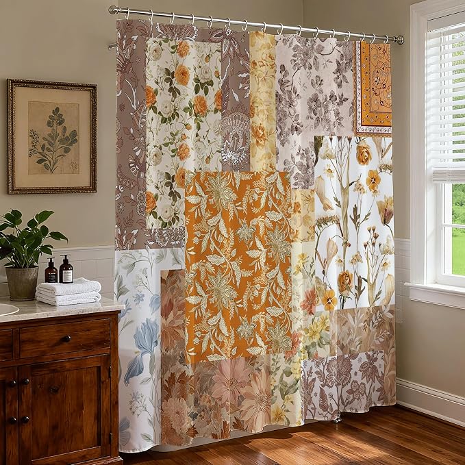 Vintage Boho Shower Curtain Retro Floral Shower Curtain Boho Floral Bathroom Decor Waterproof Mid Century Farmhouse Flowers Patchwork Bath Curtain 72 X 72 Inch (Yellow, 72"W x 72"L (Pack of 1))
