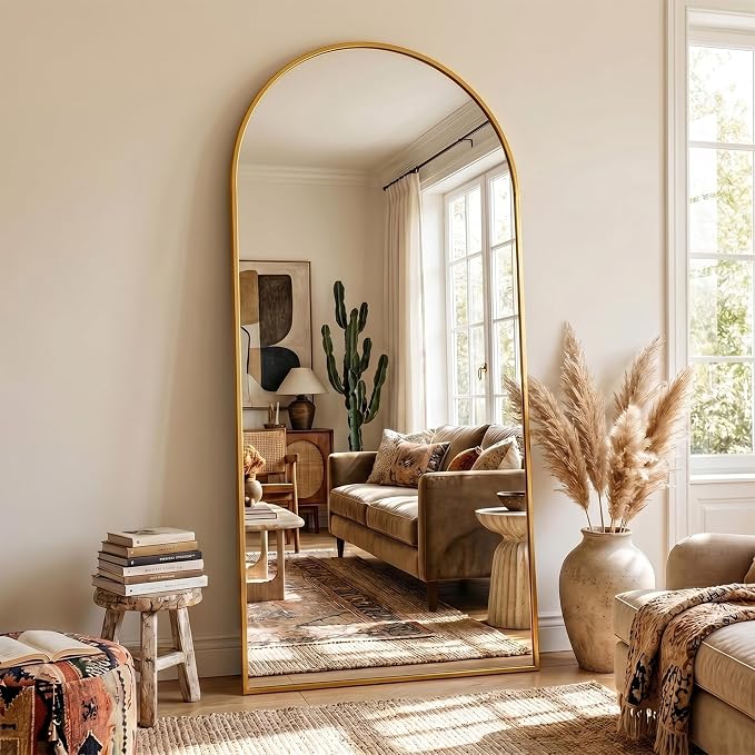 Full Length Mirror, 76" x 34" Arched Full Body Mirror Large Standing Floor Mirrors, Mirrors for Bedroom, Bathroom, Living Room Standing or Wall Leaning, Gold