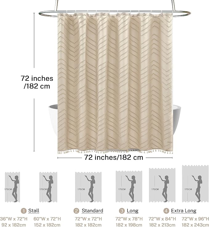 Siiluminisoy Boho Farmhouse Shower Curtain Woven Fabric Cute Beige Shower Curtain, 72 x 72 Tufted Chevron Textured Striped Modern Farmhouse Minimalist for Bathroom