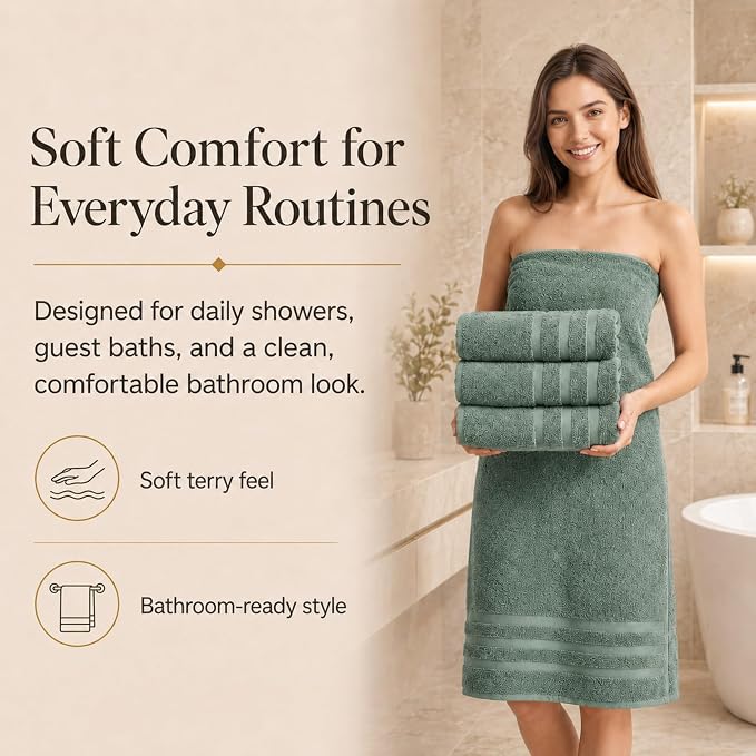 Velqora Bath Towels 4 Pack, 30x60 in, 100% Cotton, Soft, Multicolor | Gray, Light Gray, Sage Green & Beige Mix | Absorbent Terry | Balanced Weight | Easy Care