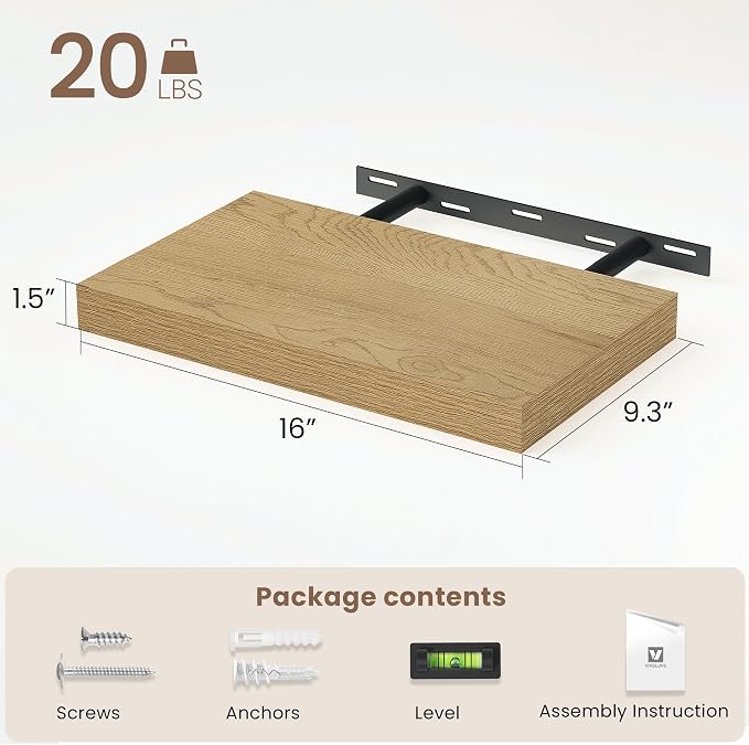 Vivelove Floating Shelves 9 inch Deep 16”Long Set of 2, Oak | Easy Install With Hardware, 1.5" Thick, Invisible Brackets, Wall Mounted, No Sagging, For Any Room