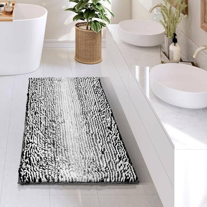 Hearth & Harbor Bathroom Rugs, Chenille Bath Mat - Machine Washable Bath Mats for Bathroom Non-Slip Backing Rubber, Quick Dry Bathroom Mat, 24 x 36 - Ombre Black