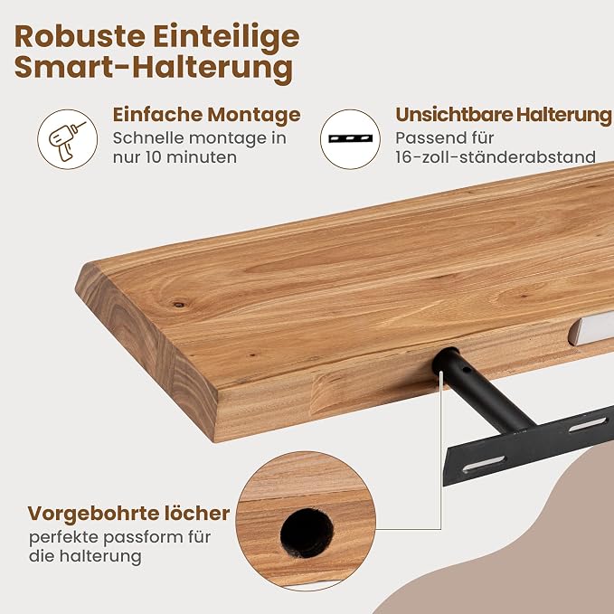 Floating Shelves for Wall Decor, Rustic Solid Elm Wood Live Edge Floating Shelves Wall Mounted, Wall Shelves with Invisible Bracket for Living Room Bathroom Bedroom Kitchen, 16 Inch Set of 2, Natural