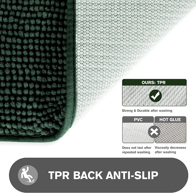 Dark Green Bathroom Rugs – Absorbent and Washable Bath Mat, Non-Slip, Thick Soft Chenille Bath Rugs for Bathroom Floor, Shower, Sink - 17" x 24"