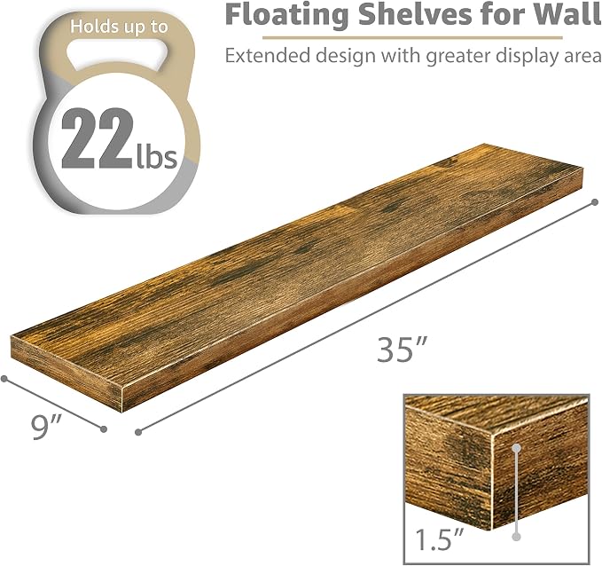 Sorbus Floating Shelves for Wall - 35 Inch Long Bathroom Shelves, Wall Decor for Bedroom, Kitchen, Living Room & Book Storage - Mounted Floating Shelf with Invisible Brackets (Rustic Brown, 3 Pack)