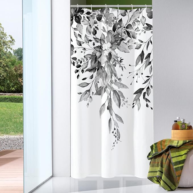 Grey Eucalyptus Shower Curtain, Watercolor Floral Print, 54x72 | Watercolor Plant Leaves Floral Print, Stall Waterproof Fabric Bathroom Decor, Machine Washable, Rustproof Grommets