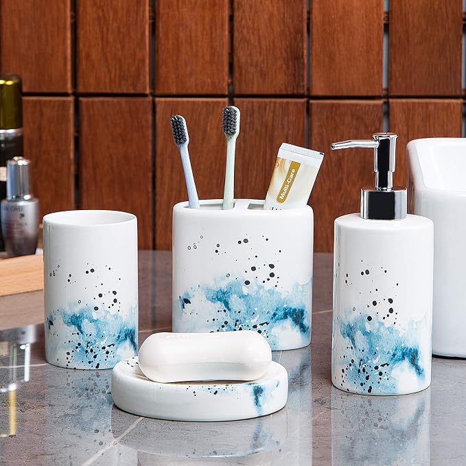 Ceramic 4-Piece Bathroom Accessories Set Complete Hand Paint Bath Countertop Accessory Soap Dispenser Set