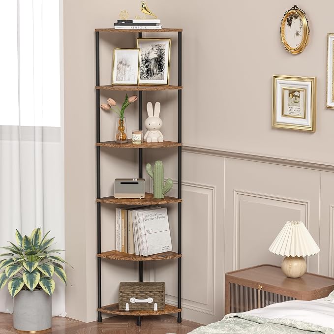 6 Tier Corner Plant Stand Shelf, 54.4", Rustic Brown | Metal Frame, Bathroom Kitchen Shelf Organizer Storage, Small Corner Shelf for Bedroom Living Room Decor Accessories