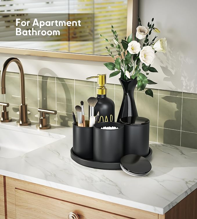 Black Bathroom Accessories Set with Tray, 6pcs Matte Black Bathroom Accessory Sets, Glass Soap Dispenser and Toothbrush Holder Set, Qtip Holder, Ceramic Flower Vase, Bathroom Set Decor