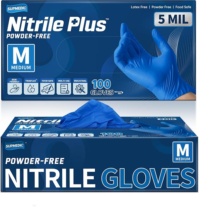Nitrile+ Disposable Gloves, 5 Mil Latex & Powder-Free Glove 100 Ct | Soft Stretch Fit •Powder-Free •Latex-Free •Chemical Resistant •Cooking •Cleaning •Food Prep •Exam •Blue /Black •100 Ct
