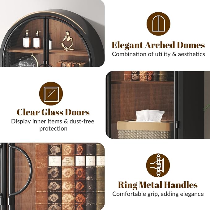 Arched Wall Cabinet with Clear Glass Door, NO Assembly | Metal Frame, 12MM Wooden Shelves, Handcrafted Arched Design, 40-lb per Tier, 5MM Tempered Glass, for Bathroom Wall Medicine