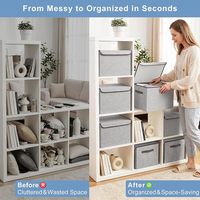 Linen Fabric Foldable Storage Cube Bin Organizer Basket with Flip-Top Lid & Handles, Large Clothes Blanket Box for Home, Office, Closet, Light Gray, 4 Pack 14.6 x 9.5 x 9.5”