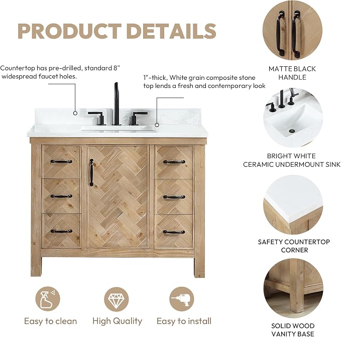 Javier 42" Single Bath Vanity in Antique Brown with Composite Stone Top and Mirror