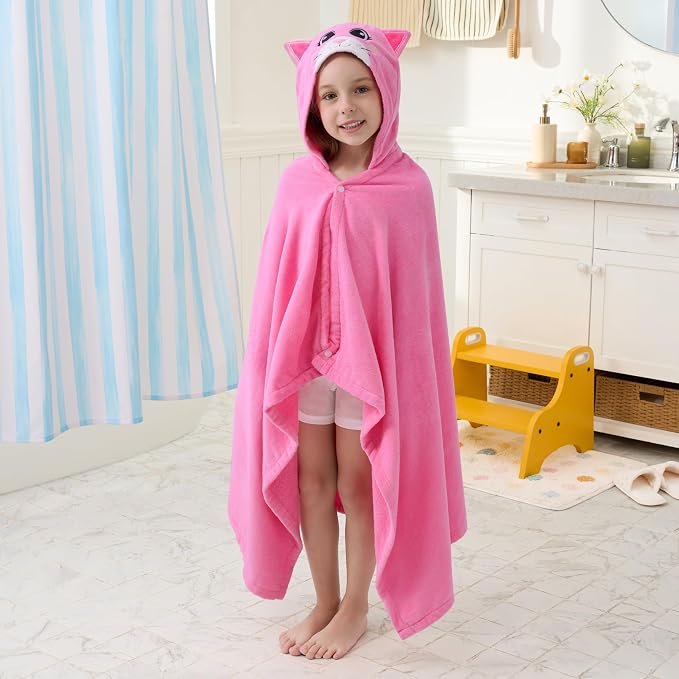 Joiedomi Hooded Towel for Kids Soft 100% Cotton Bath Beach Towel 30" x 50" for Kids 3-8 Years Toddler Pool Poncho with Hood Absorbent Swim Wrap for Boys Girls Pink Cat