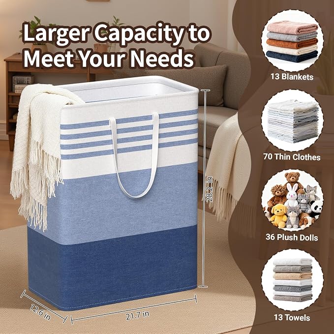 WOWBOX 2 Pack Laundry Baskets, Collapsible Dirty Clothes Laundry Hampers | with Reinforced Handles, Waterproof Coating, 2 Pack for Clean & Dirty Clothes, for Bedroom, Bathroom, Dorm (125L Blue)