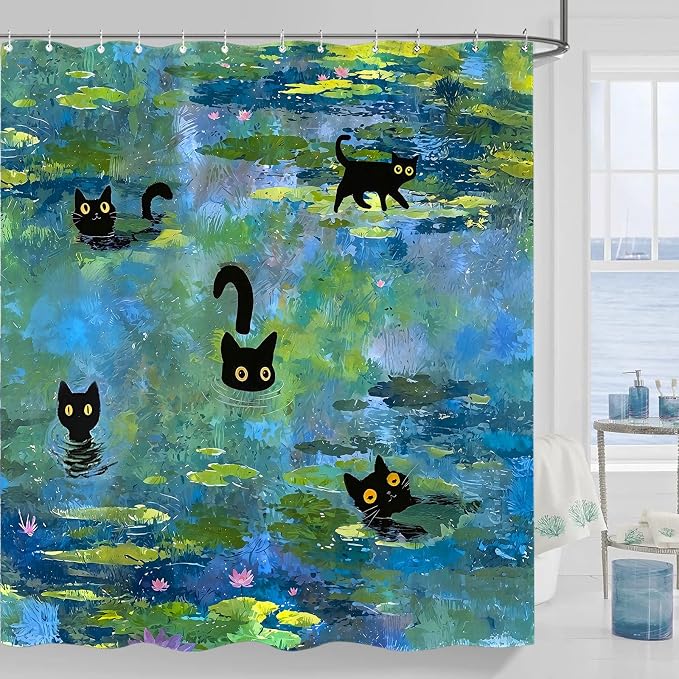Accnicc Cute Cat Shower Curtain 84 Inch Extra Long Funny Fun Cool Cats Monet Shower Curtains for Bathroom Water Lilies Waterproof Fabric Bath Curtain Decor