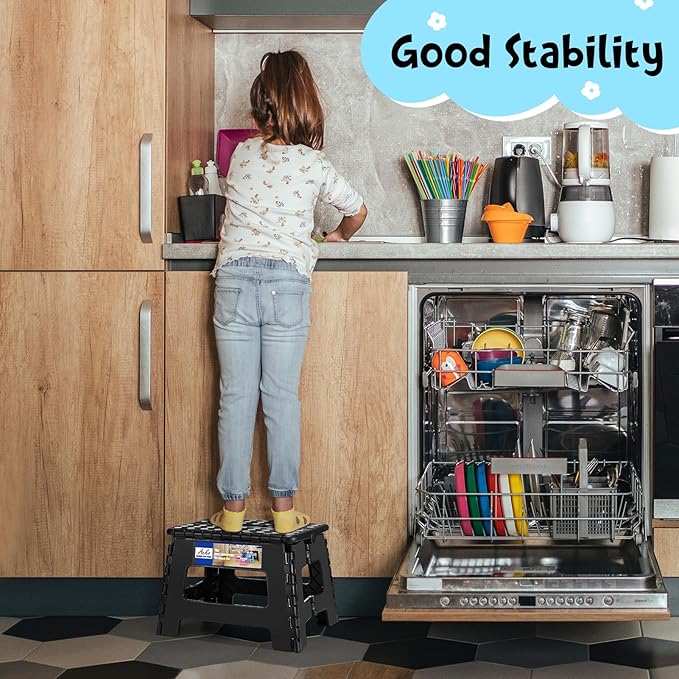 ACKO Folding Step Stool 9 Inch, Non-Slip Foldable Stools for Kids, Black | Heavy Duty Collapsible Foot Stool, Lightweight, Holds 300lb for Toddler/Adults Kitchen Bathroom Bedroom Outdoor, with Handle