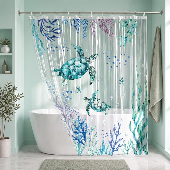 Clear Shower Curtain Liner, Sea Turtle Ocean PEVA, 72x72 Inch | Beach Coastal Waterproof Bath Plastic Shower Curtains Set with 3 Weighted Magnets and 12 Hooks for Bathroom Decor