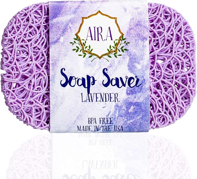 Aira Soap Saver - Soap Dish & Holder - BPA Free Shower & Bath Holder - USA - Drains Water, Circulates Air, Extends Soap Life - Easy to Clean, Fits All Sets - Lavender