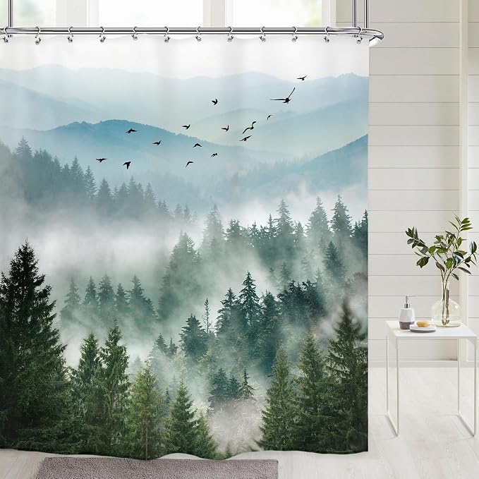 Green Mountain Shower Curtain Rustic Rainforest Nature Mens Shower curtain | Woodland Tree Waterproof Fabric Shower Curtain Bathroom Decor 12 Pack Hooks 72Wx72H Inch