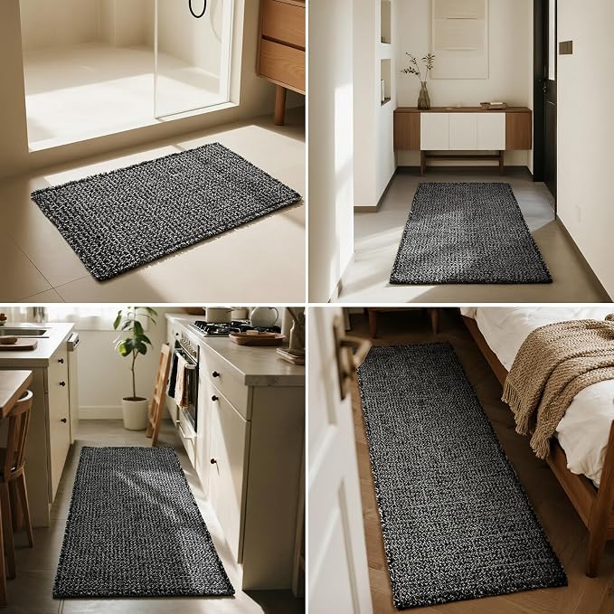 Triohero Waffle Runner Bath Mat - Long Bathroom Rugs Non Slip Washable, Ultra Soft Super Absorbent Quick Dry Boho Farmhouse Bathroom Decor, 24" x 72", Black & White