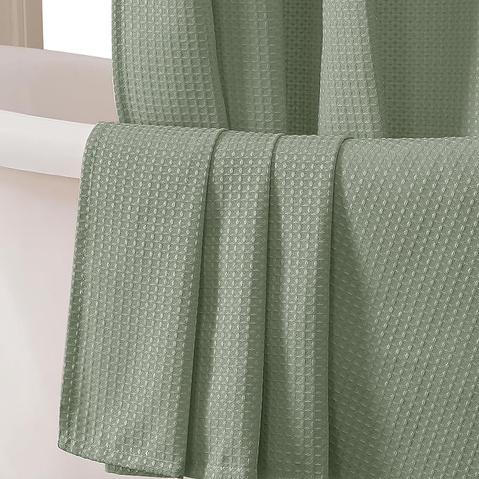 Sage Green Shower Curtain Set, Waffle Textured Heavy Duty Fabric Shower Curtain for Bathroom, Luxury Hotel Weighted 230GSM Bath Curtain with 12 Plastic Hooks, Machine Washable, 72x72