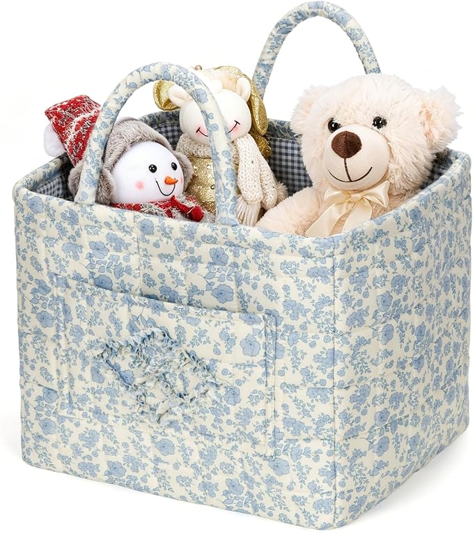 Storage Basket Boho Fabric Large Collapsible Floral Laundry Nursery Hamper Portable Folding Storage for Clothes Toys (Blue Floral B)