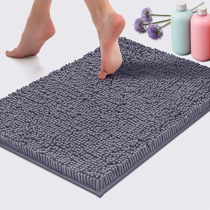LuxUrux Bath Mat, Extra-Soft Plush Non-Slip Bathroom Rug, Luxury Chenille Microfiber Material, Super Absorbent Shaggy Bath Rug. Machine Wash & Dry (17 x 24 inches, Dark Gray)