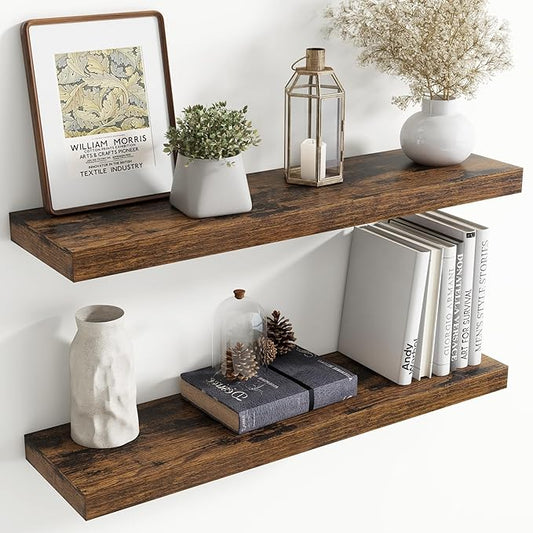 36 Inch Floating shelves for Wall, 8 Inch Deep, Invisible Brackets, Brown | Rustic Wall Mounted Shelf, Storage & Display, Wooden Shelves for Living Room, Kitchen, Bathroom and Home Decor, Set of 2