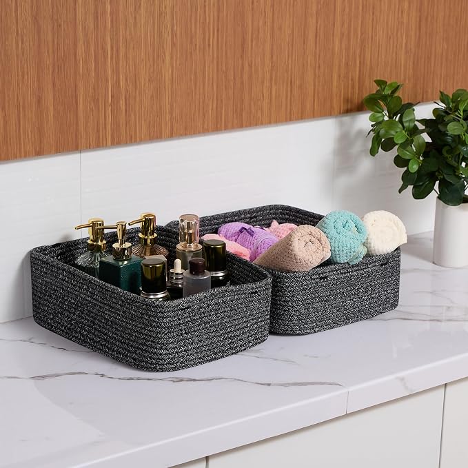 MiniArk Large Shallow Organizing Baskets 15x11x5.1 Inches - Rope Woven Storage Bins for Bathroom, Shelves, Cube Closet, Mixed Black 3 Packs