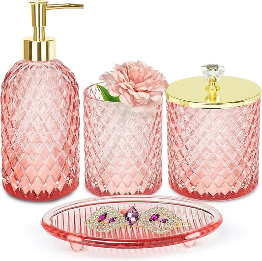 Haturi Glass Bathroom Accessories Set, Light Pink Bathroom Set, 4 Pcs | Kit w/ Bathroom Soap Dispenser Set, Toothbrush Holder, Qtip Holder, Vanity Tray, Pink Bathroom Decor, Gift for Home Apartment