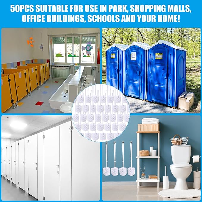 50 Pcs White Toilet Brush, Bathroom Toilet Bowl Brush, Soft Bristle Long Handle Plastic Toilet Scrubber for Bathroom