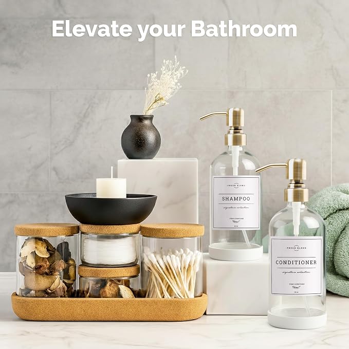 Vine Creations Clear Glass Soap Dispenser, 2 Pack Kitchen Soap Dispenser Set with Stainless Steel Pump, 16 oz Dish Soap and Hand Soap Dispensers for Bathroom with Waterproof Labels