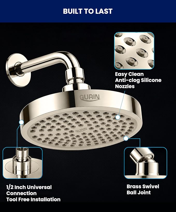 Shower Head - Luxury Brushed Nickel Finish - Rain Showerhead 6 Inch | High Pressure Shower Heads with Adjustable Angles, 90 Anti-Clog Nozzles, Tool-Free 1-Min Install