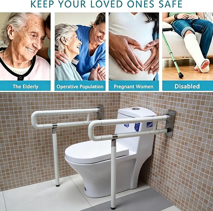 Nisorpa 29.5 INCH Foldable Toilet Grab Bar Flip Up Arm Grab Rails Anti Slip Handrails Bathroom Seat Support Handicap Bar Toilet Safety Rails for Elderly Pregnant Women Disabled