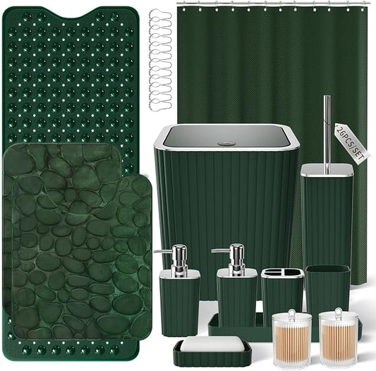 XLHOMO 26PC Bathroom Accessories Set - Gorgeous Green Bathroom Set, Bathroom Accessory Set, Shower Curtain Set with Bathtub Mats for Shower Tub, Trash Can & Soap Dispenser