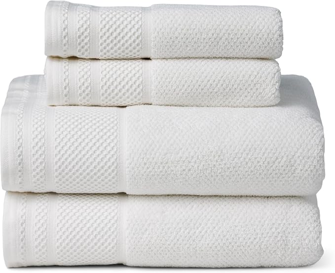 Texere 100% Organic Cotton Rice Weave Jacquard 700 GSM Luxury Bath Towel Sets - Ultra Soft and Absorbent Hotel and Spa Quality (Rice Weave, Bright White, 2 Bath & 2 Hand Towels)