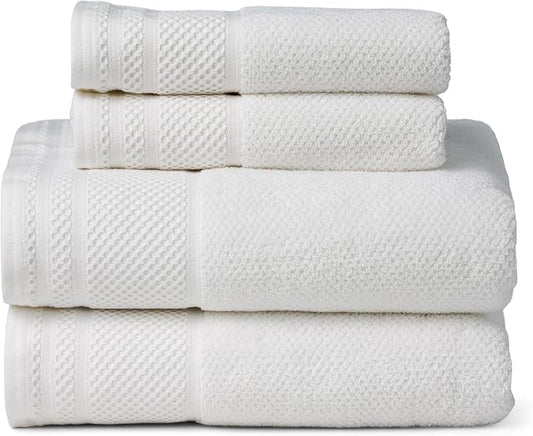 Texere 100% Organic Cotton Rice Weave Jacquard 700 GSM Luxury Bath Towel Sets - Ultra Soft and Absorbent Hotel and Spa Quality (Rice Weave, Bright White, 2 Bath & 2 Hand Towels)